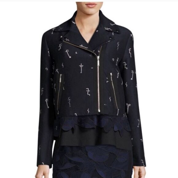 Grey Jason Wu Embroidered Face Crop Moto Jacket Size 8 - Picture 1 of 7